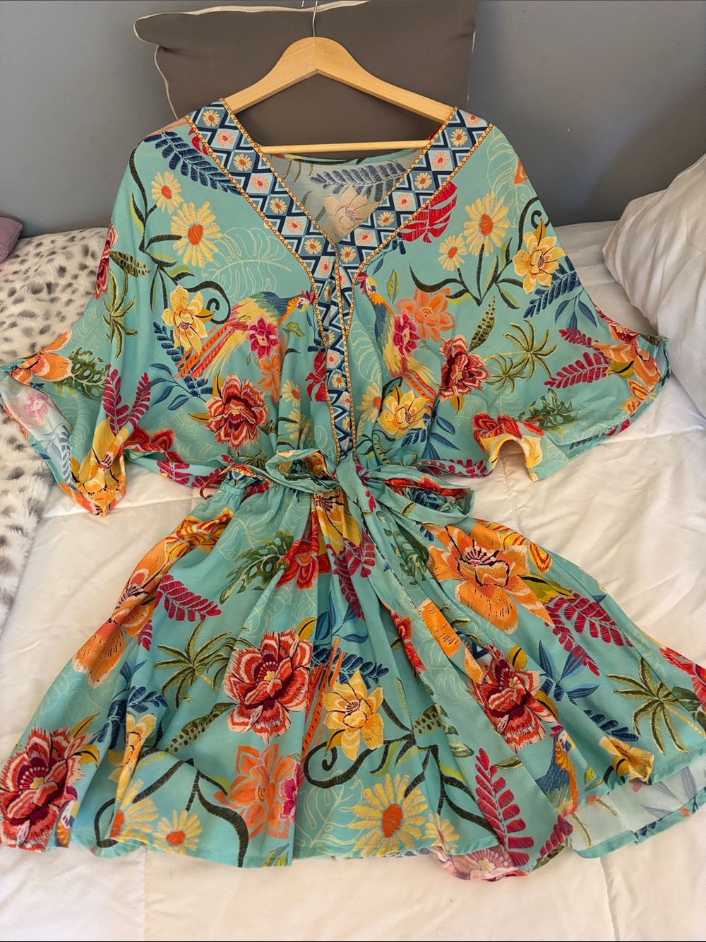 Cupshe Aqua Floral Tie-Waist Mini Dress